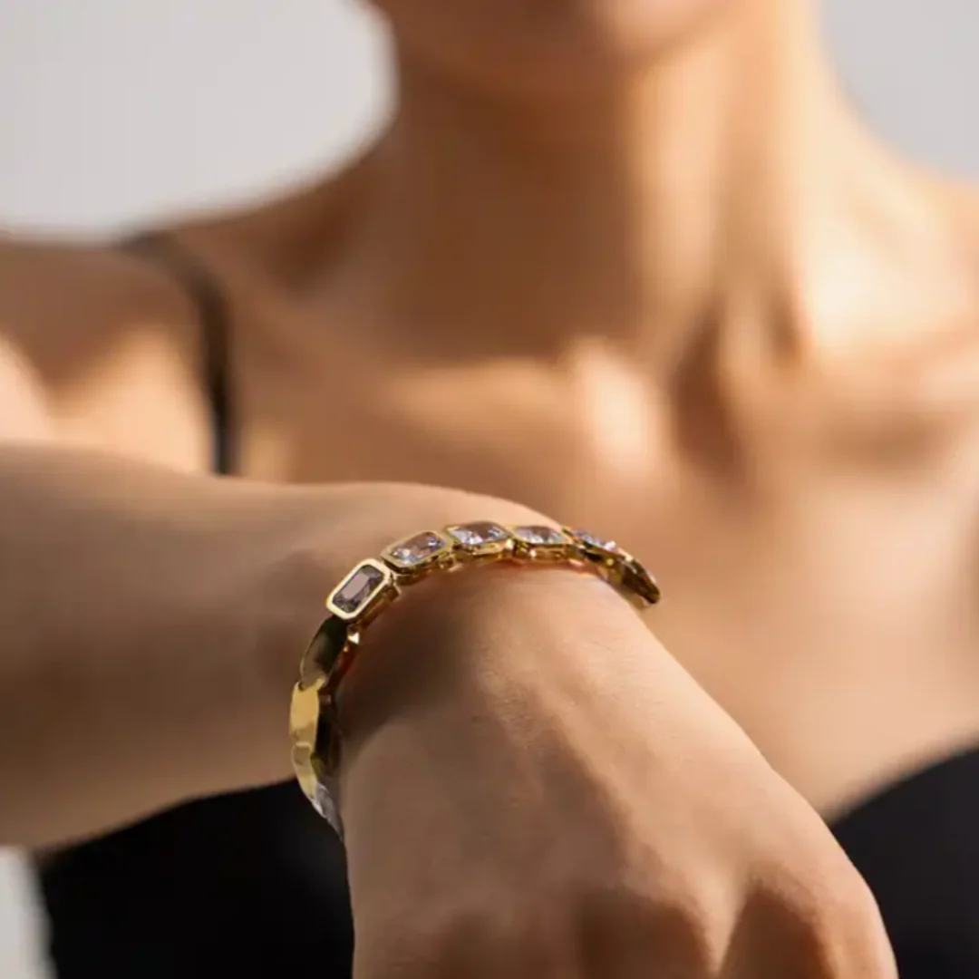 RemindraLux 18K Gold-Plated Emerald-Cut Crystal Bezel Bangle