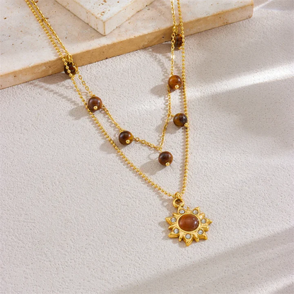 RemindraLux 18K Gold-Plated Dual-Layer Sunburst Gemstone Pendant Necklace