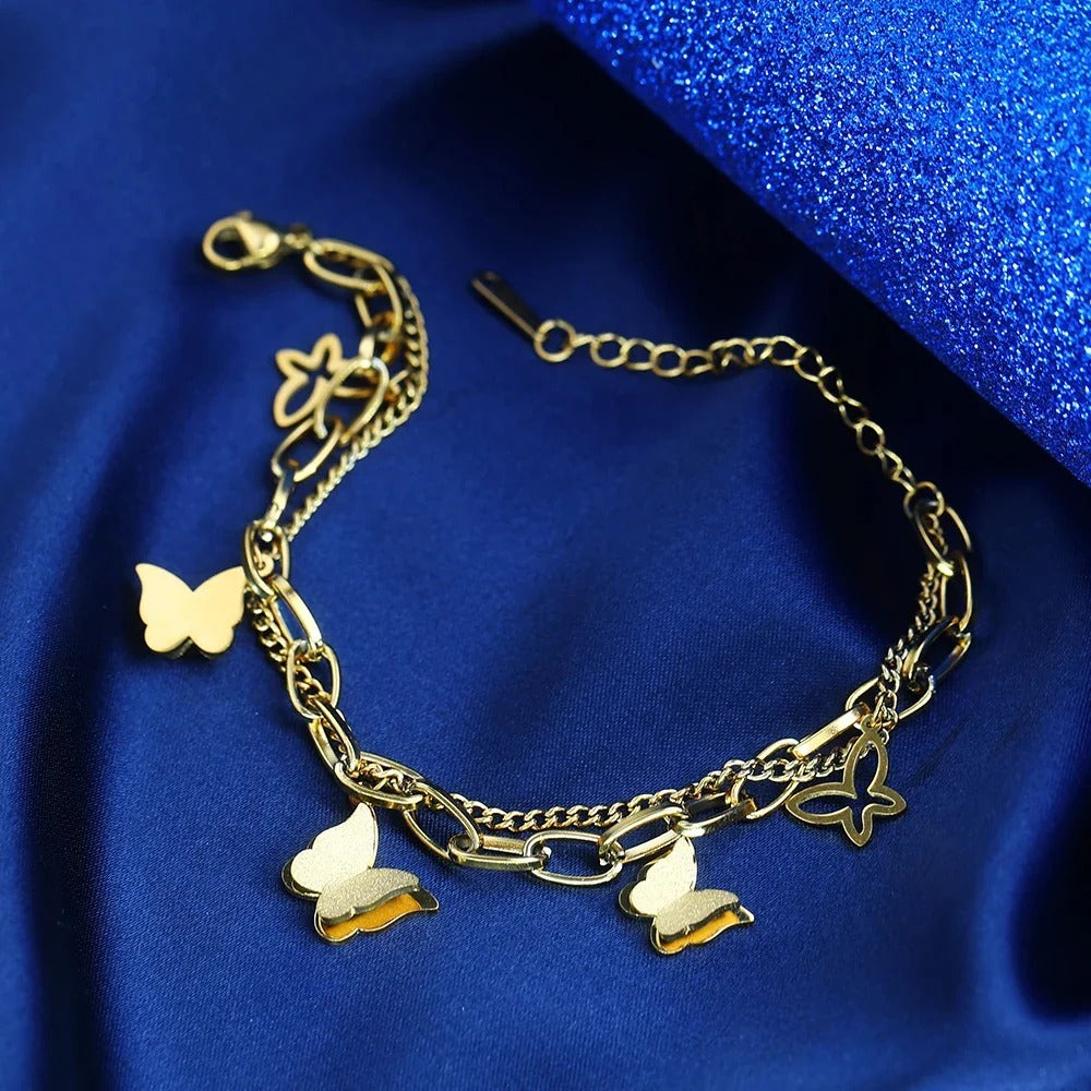 RemindraLux 18K Gold-Plated Butterfly Charm Double-Layer Chain Bracelet