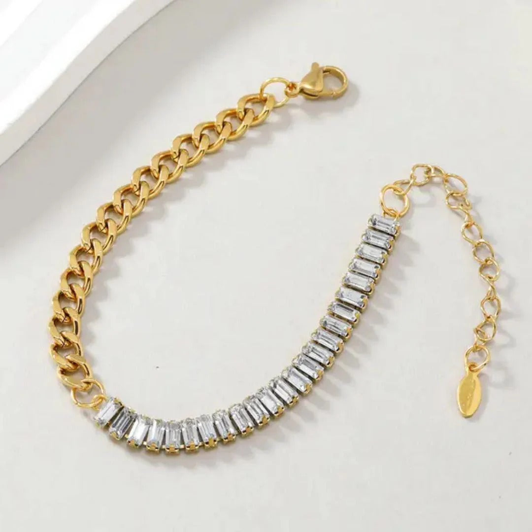 RemindraLux 18K Gold-Plated Half-Link & Half-Crystal Baguette Bracelet