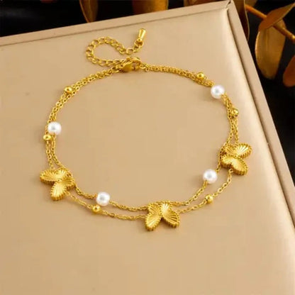 RemindraLux 18K Gold-Plated Butterfly & Pearl Double-Chain Anklet
