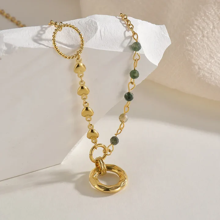 RemindraLux 18K Gold-Plated Asymmetric Hearts & Stone Bead Ring Necklace