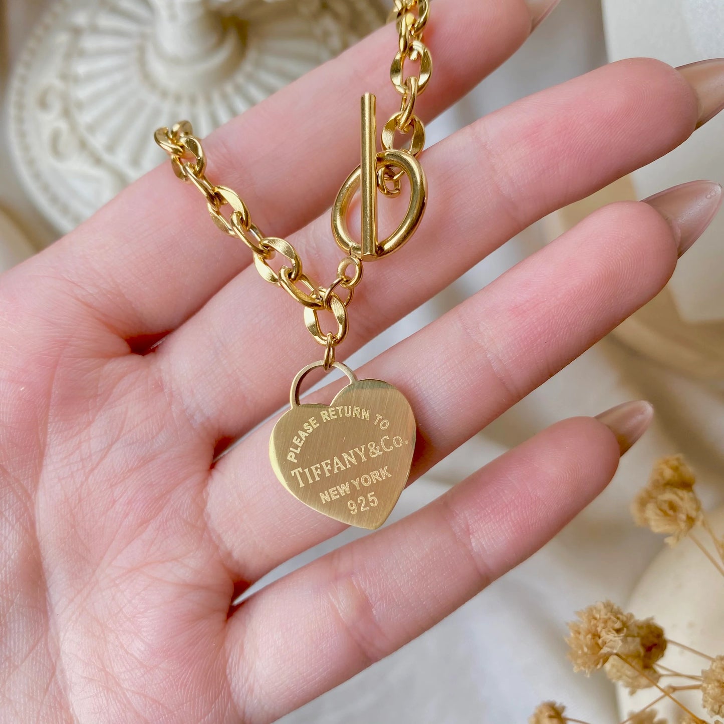 RemindraLux 18K Gold-Plated Heart Tag Chain-Link Toggle Bracelet