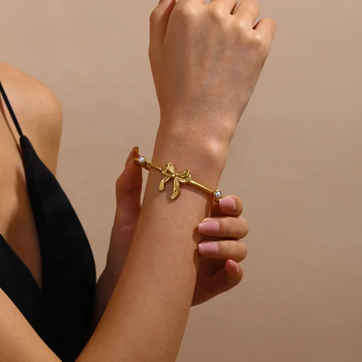 RemindraLux 18K Gold-Plated “Love Bow” Open Bangle with Pearls