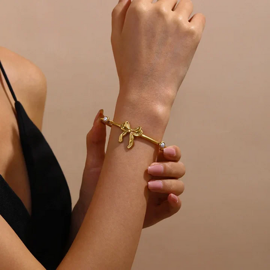 RemindraLux 18K Gold-Plated “Love Bow” Open Bangle with Pearls