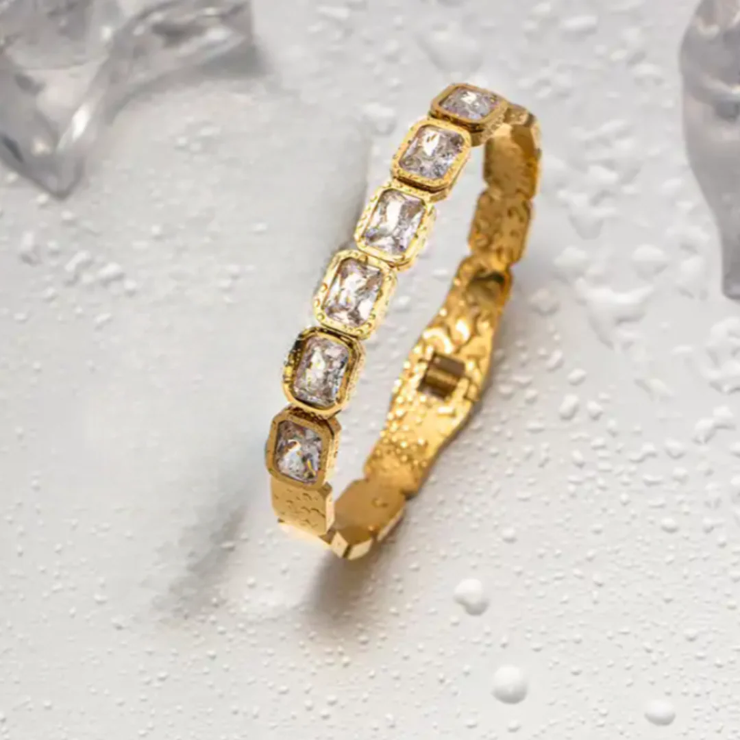 RemindraLux 18K Gold-Plated Emerald-Cut Crystal Bezel Bangle