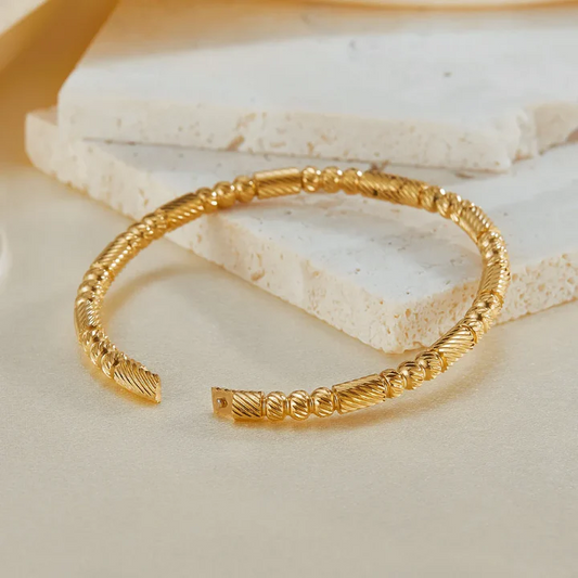 RemindraLux 18K Gold-Plated Ribbed Barrel & Bead Open Cuff Bangle