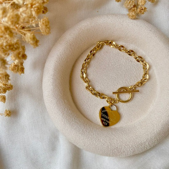 RemindraLux 18K Gold-Plated Heart Tag Chain-Link Toggle Bracelet