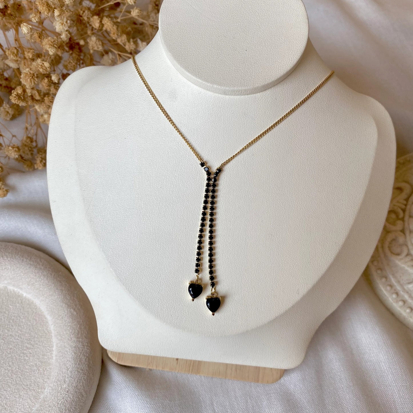 RemindraLux 18K Gold-Plated Black Bead Twin Heart Necklace