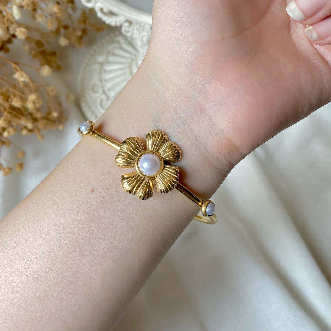 RemindraLux 18K Gold-Plated Pearl Blossom Open Cuff Bangle