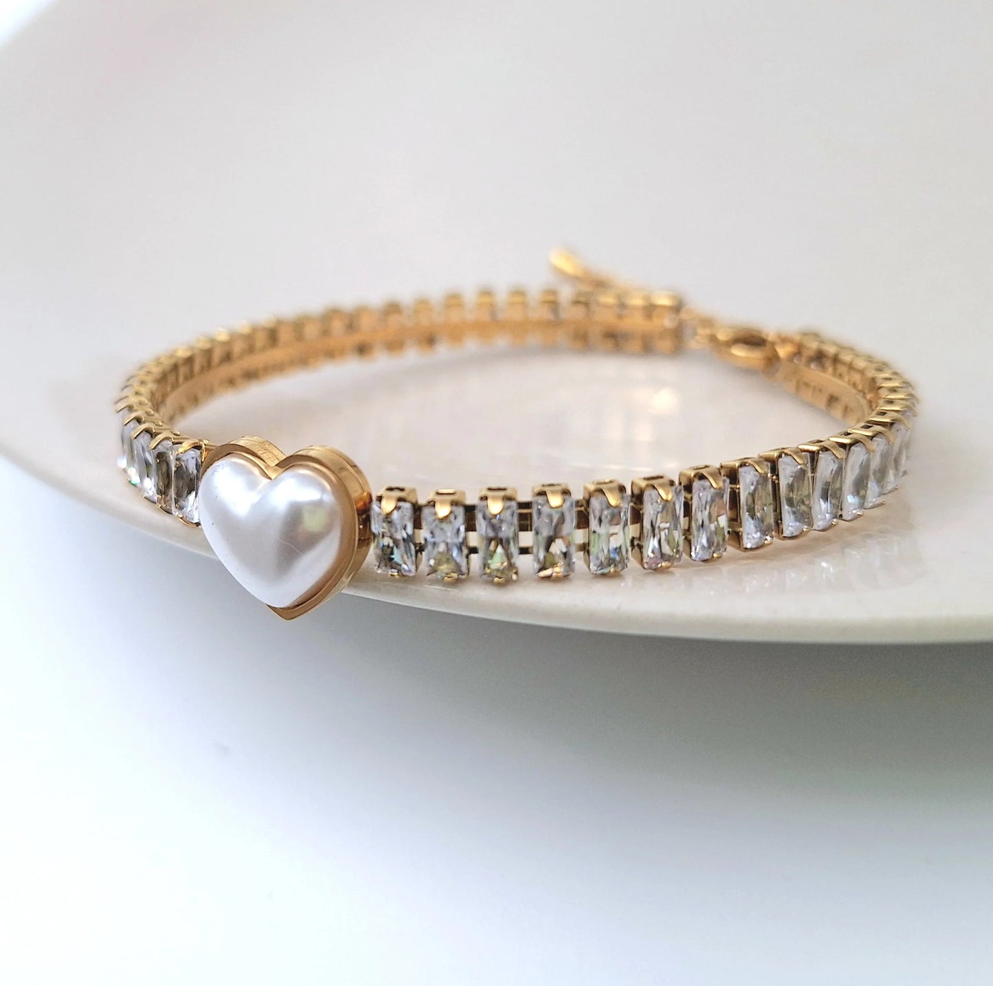RemindraLux 18K Gold-Plated Pearl Heart & Crystal Tennis Bracelet