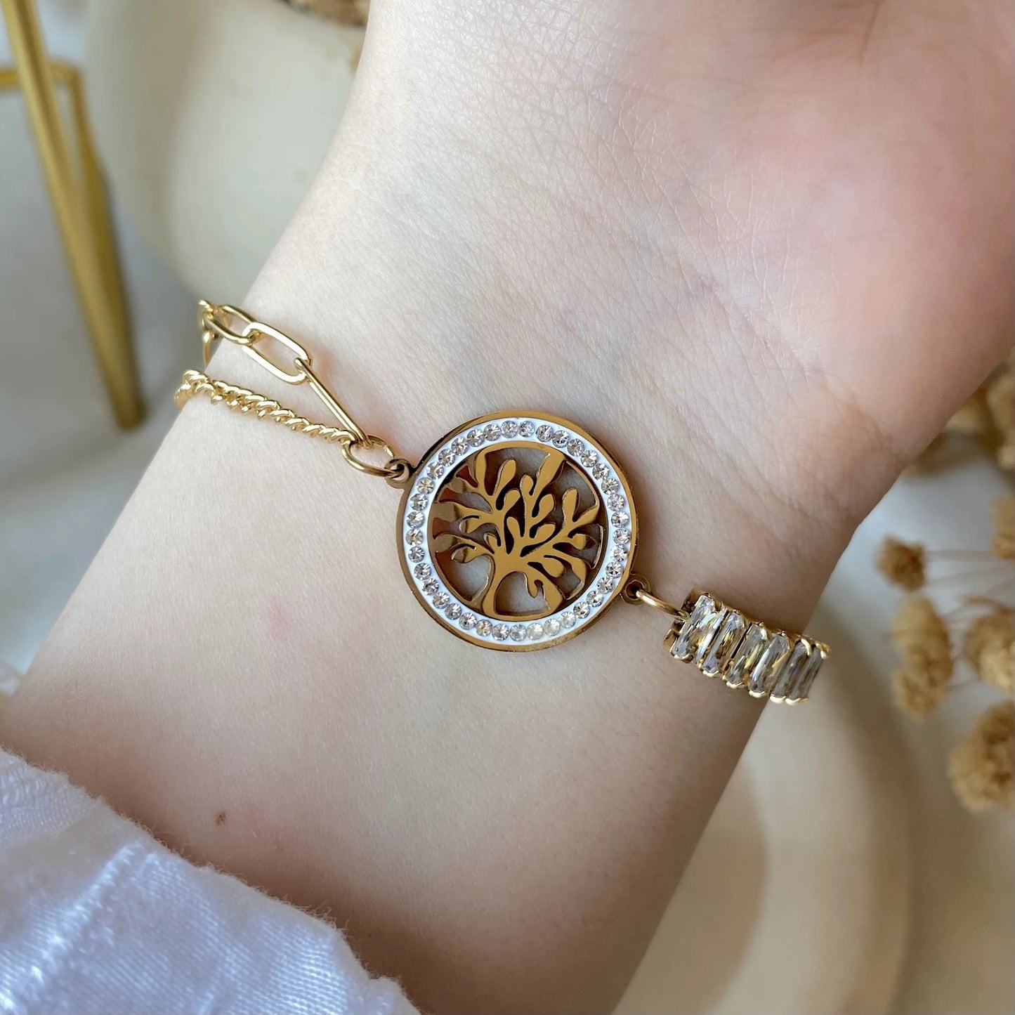 RemindraLux 18K Gold-Plated “Tree of Life” Baguette Accent Bracelet