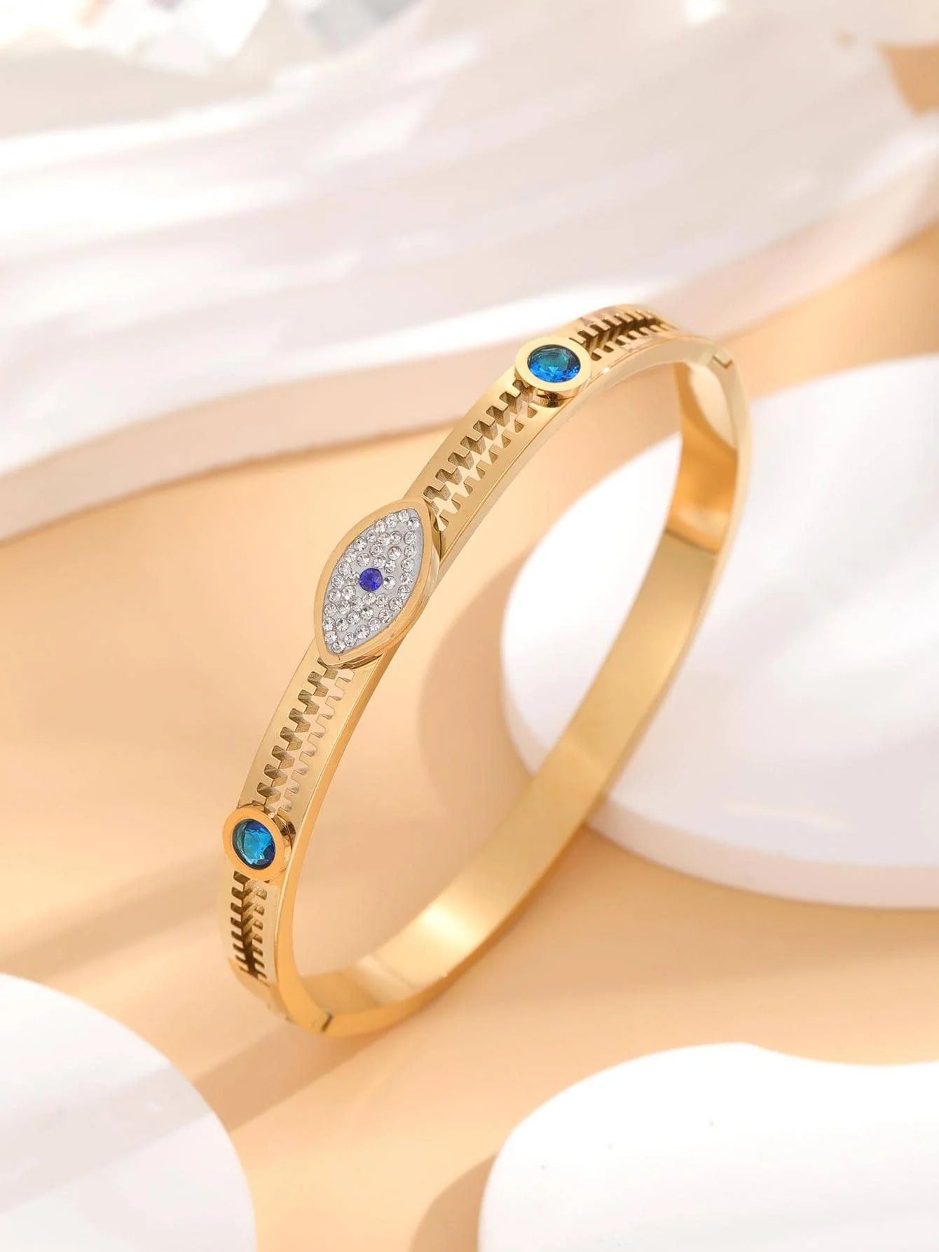 RemindraLux 18K Gold-Plated Evil Eye Bangle with Blue Crystals