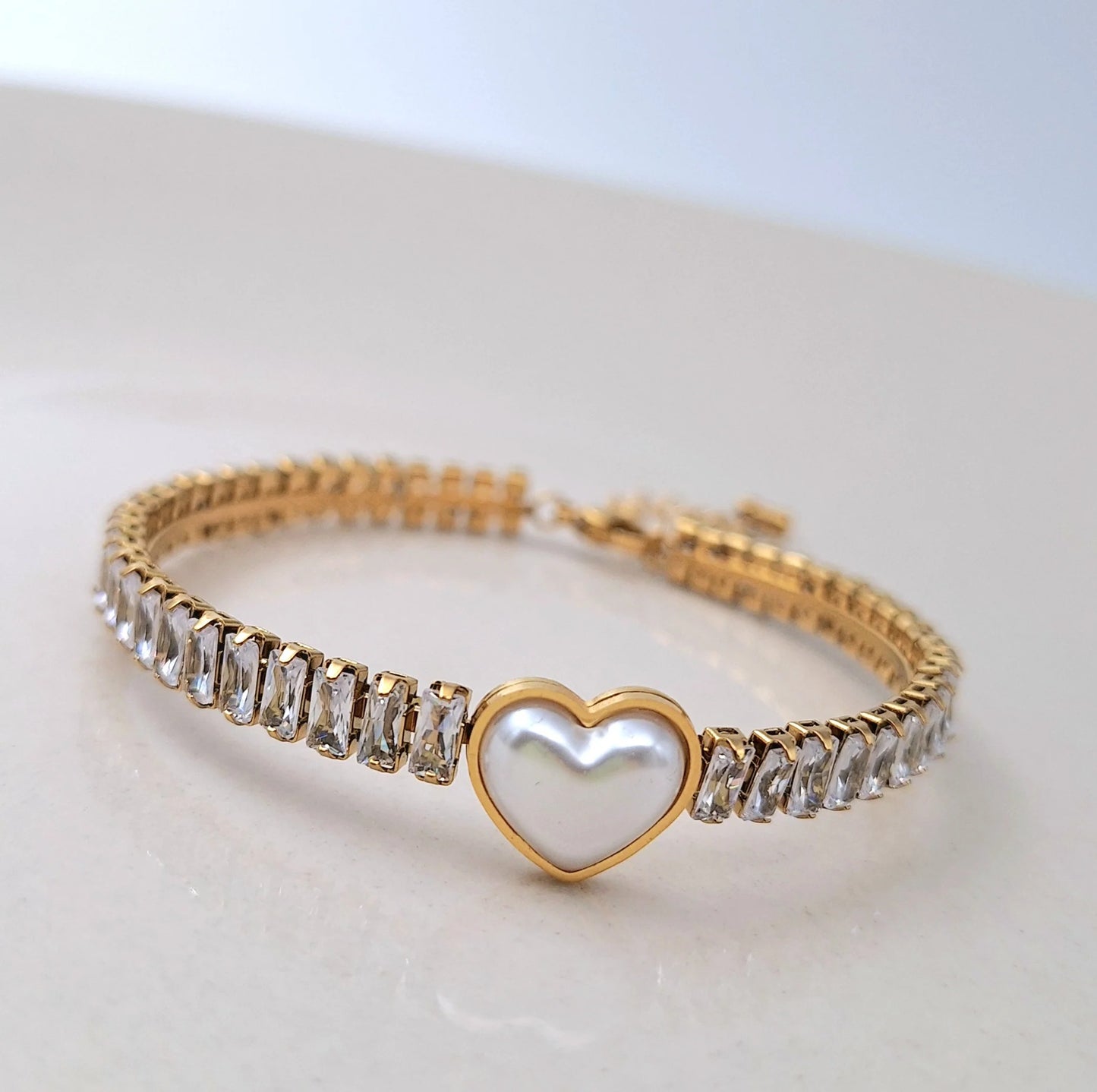 RemindraLux 18K Gold-Plated Pearl Heart & Crystal Tennis Bracelet