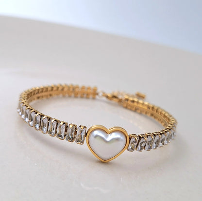RemindraLux 18K Gold-Plated Pearl Heart & Crystal Tennis Bracelet