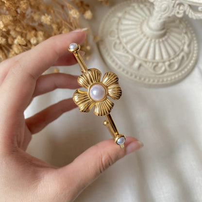 RemindraLux 18K Gold-Plated Pearl Blossom Open Cuff Bangle