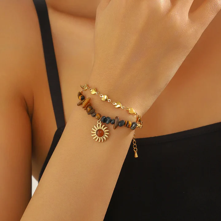 RemindraLux 18K Gold-Plated Sun Charm Double-Layer Heart Bracelet