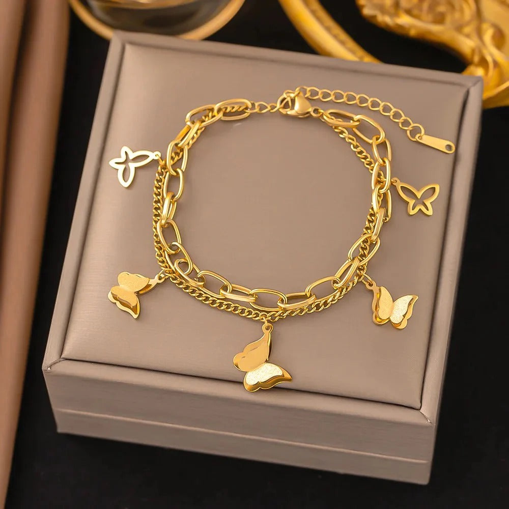 RemindraLux 18K Gold-Plated Butterfly Charm Double-Layer Chain Bracelet