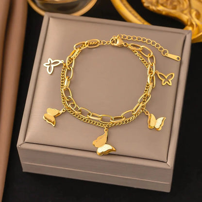 RemindraLux 18K Gold-Plated Butterfly Charm Double-Layer Chain Bracelet