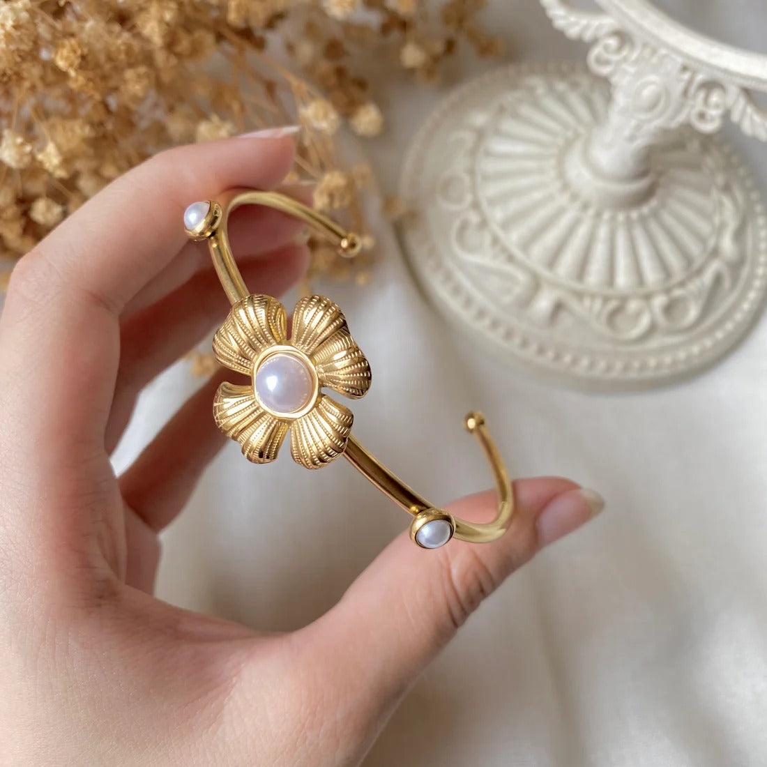 RemindraLux 18K Gold-Plated Pearl Blossom Open Cuff Bangle
