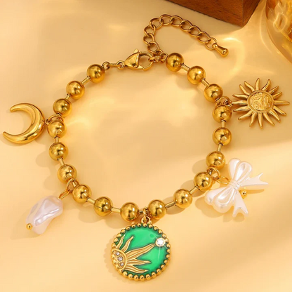 RemindraLux 18K Gold-Plated Sun & Moon Beaded Charm Bracelet with Green Enamel Medallion